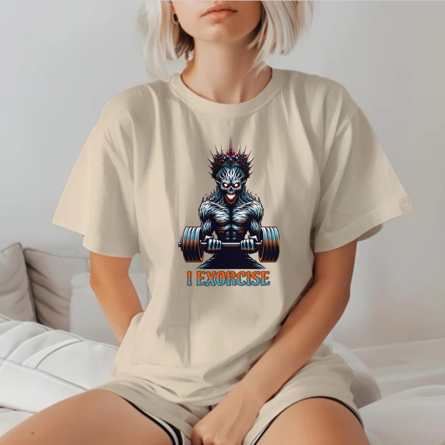 Alt text: "Fierce 'I Exorcise' gym T-shirt featuring bold graphic design, motivational text, perfect for weightlifting, cardio, and fitness enthusiasts."