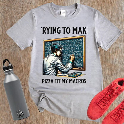 Alt text: "Humorous gym T-shirt design featuring a lab-coated character calculating pizza macros, perfect for fitness enthusiasts who love food."