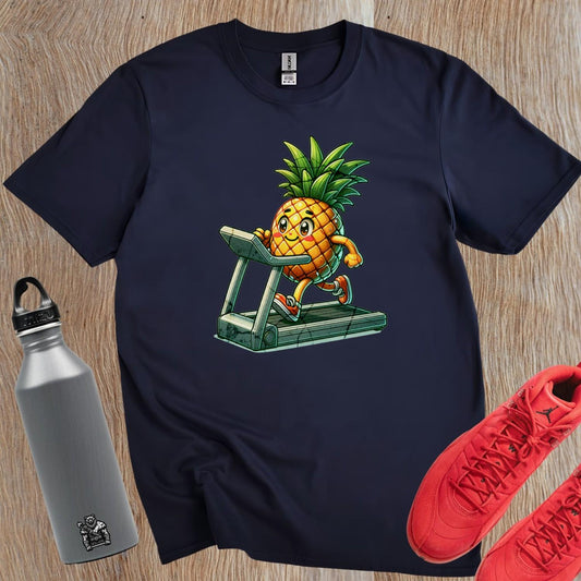 "Playful pineapple sprinting on a treadmill graphic T-shirt for gym enthusiasts; vibrant design enhances workout motivation and style."