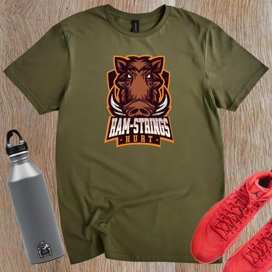 Alt text: "Bold gym T-shirt featuring a fierce wild boar graphic with the text 'Ham-Strings Hurt,' ideal for dedicated fitness enthusiasts."