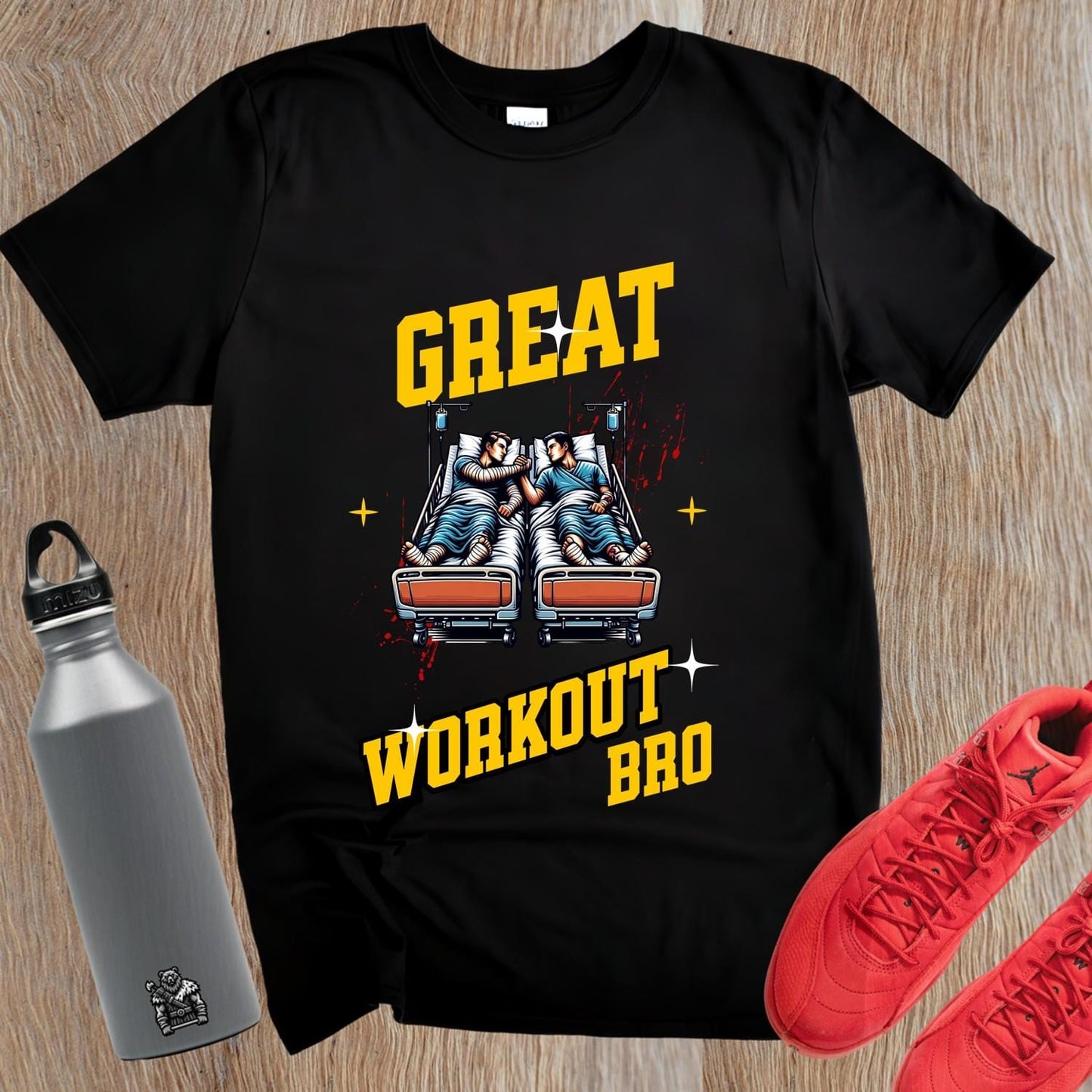 "Bold gym T-shirt featuring the slogan 'Great Workout Bro,' capturing fitness humor and motivation for workouts and training sessions."