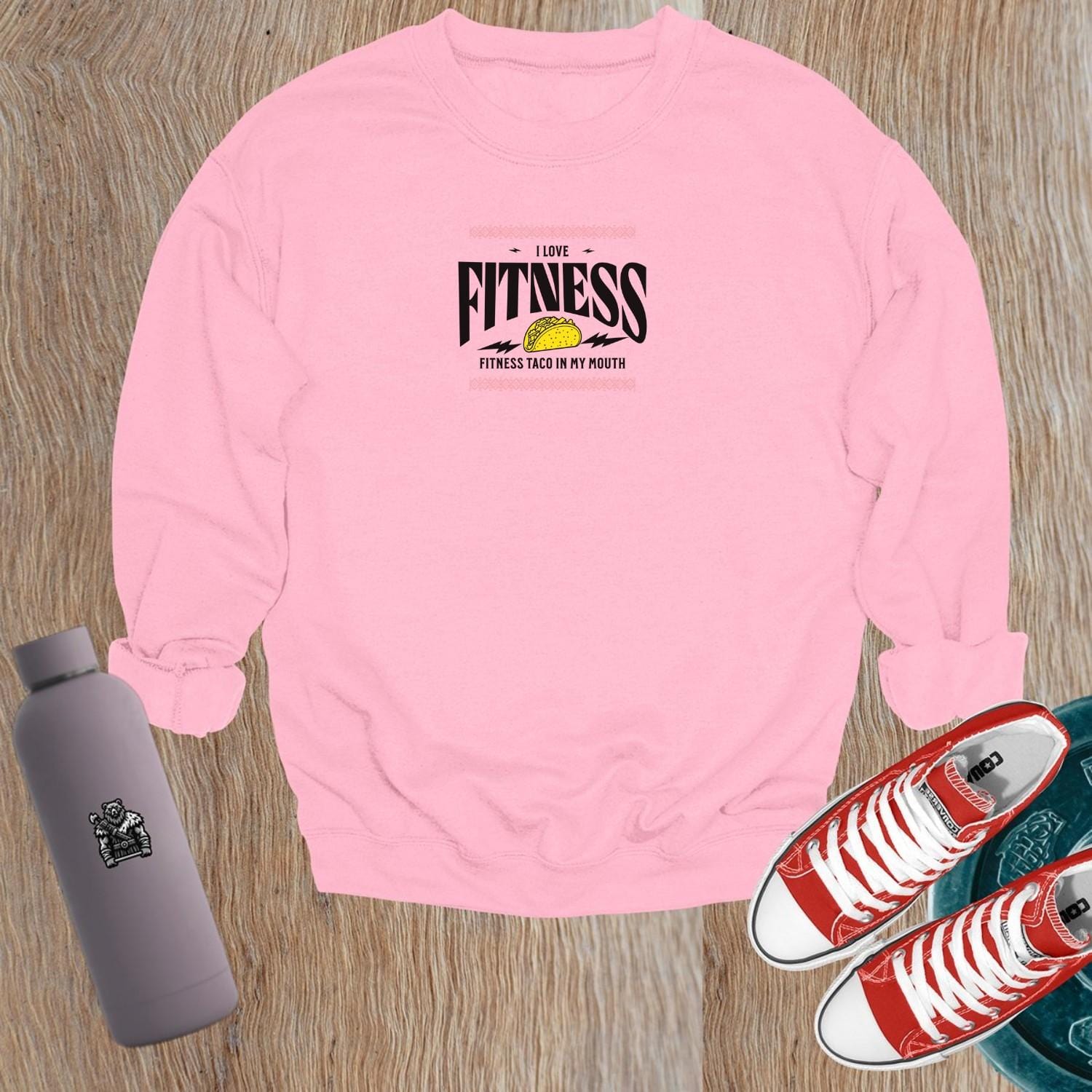 "Vibrant Taco Sweatshirt featuring a playful taco graphic, ideal for gym sessions and casual lounging. Fits all body types."