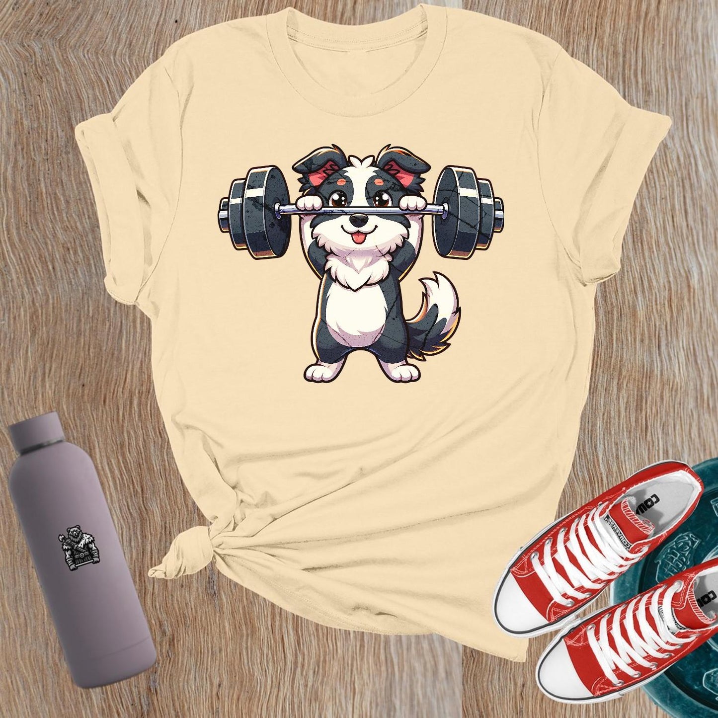 "Adorable 'Lift Like a Pup' T-Shirt featuring a playful dog lifting weights, perfect for women who love fitness and motivation."