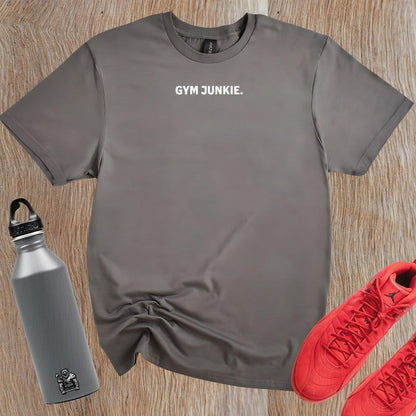 "Bold 'Gym Junkie' T-shirt featuring stylish typography, perfect for fitness enthusiasts. Ideal for workouts or casual outings."