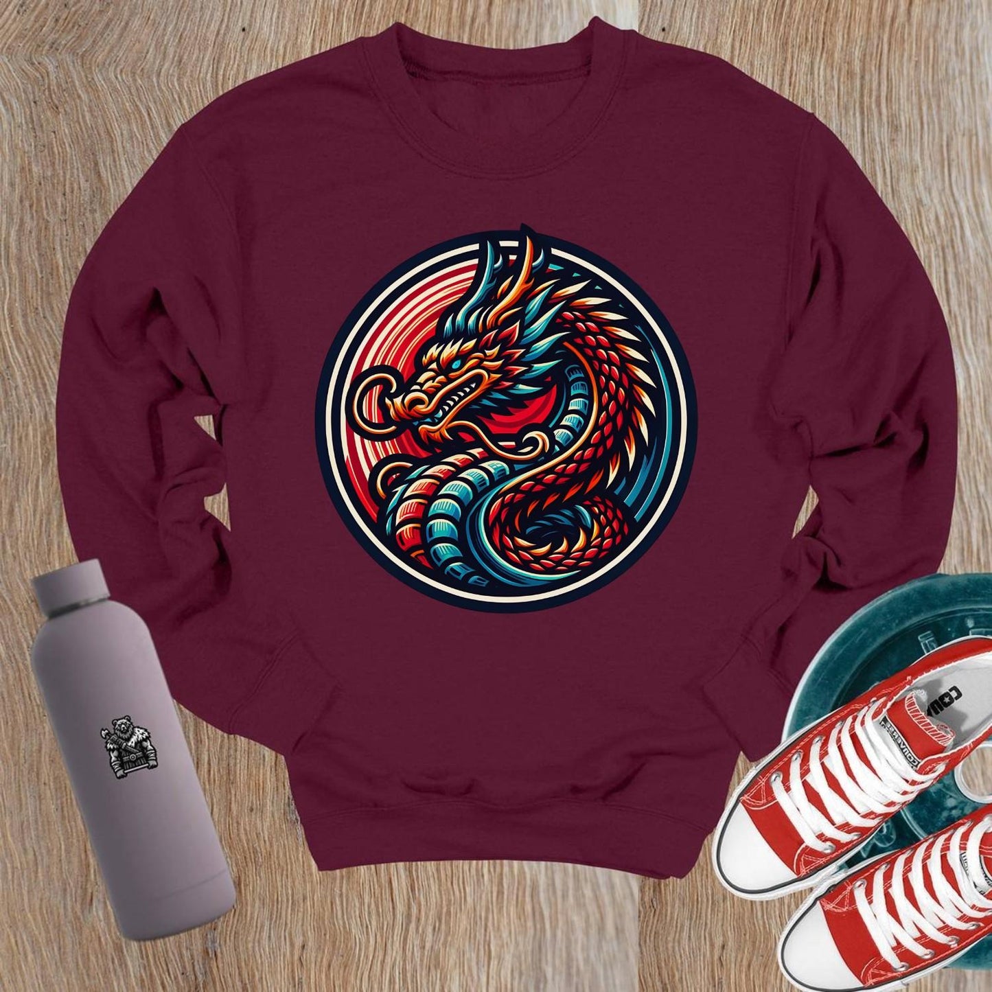 "Dynamic crewneck sweatshirt with vibrant dragon design, perfect for gym enthusiasts. Comfortable fit, showcasing strength and style."