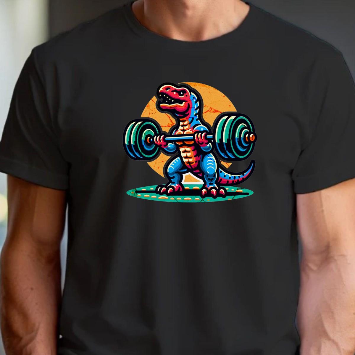 "Colorful gym T-shirt featuring a cartoon dinosaur lifting weights, perfect for fitness lovers seeking motivation and fun in workouts."