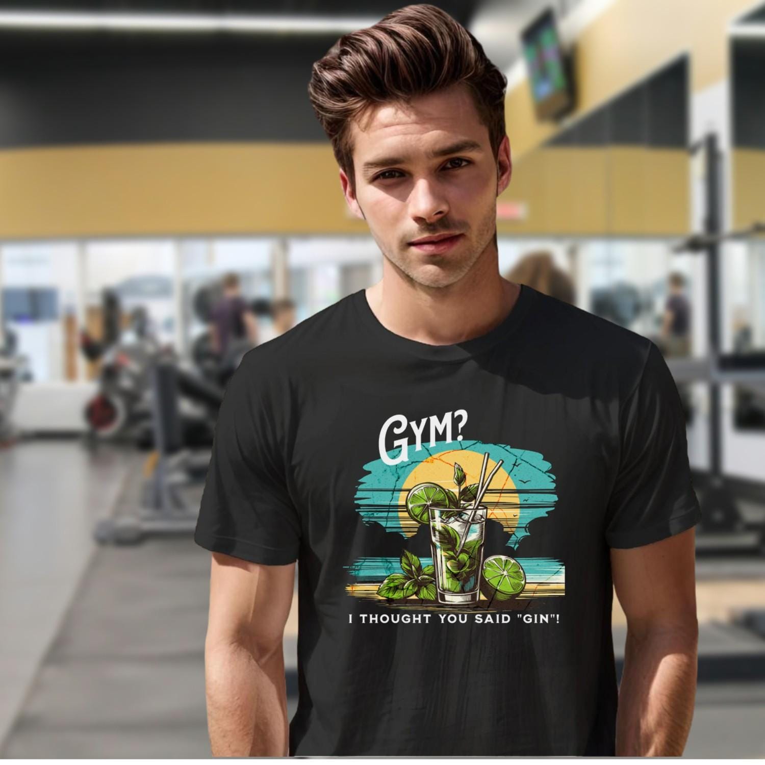 "Vibrant gym T-shirt featuring a colorful cocktail design with the playful phrase 'I thought you said “gin”!' Ideal for fitness lovers."