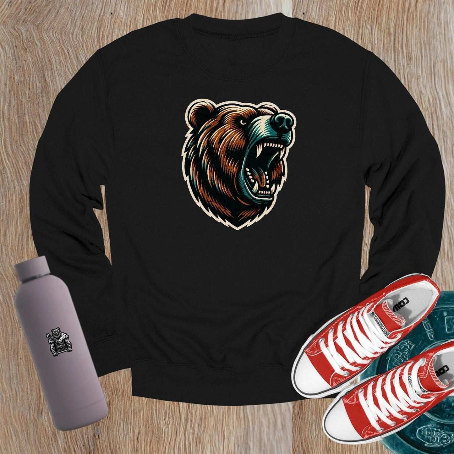 Alt text: "Bold gym crewneck sweatshirt featuring a fierce bear graphic, perfect for workouts or casual wear, combining style and comfort."