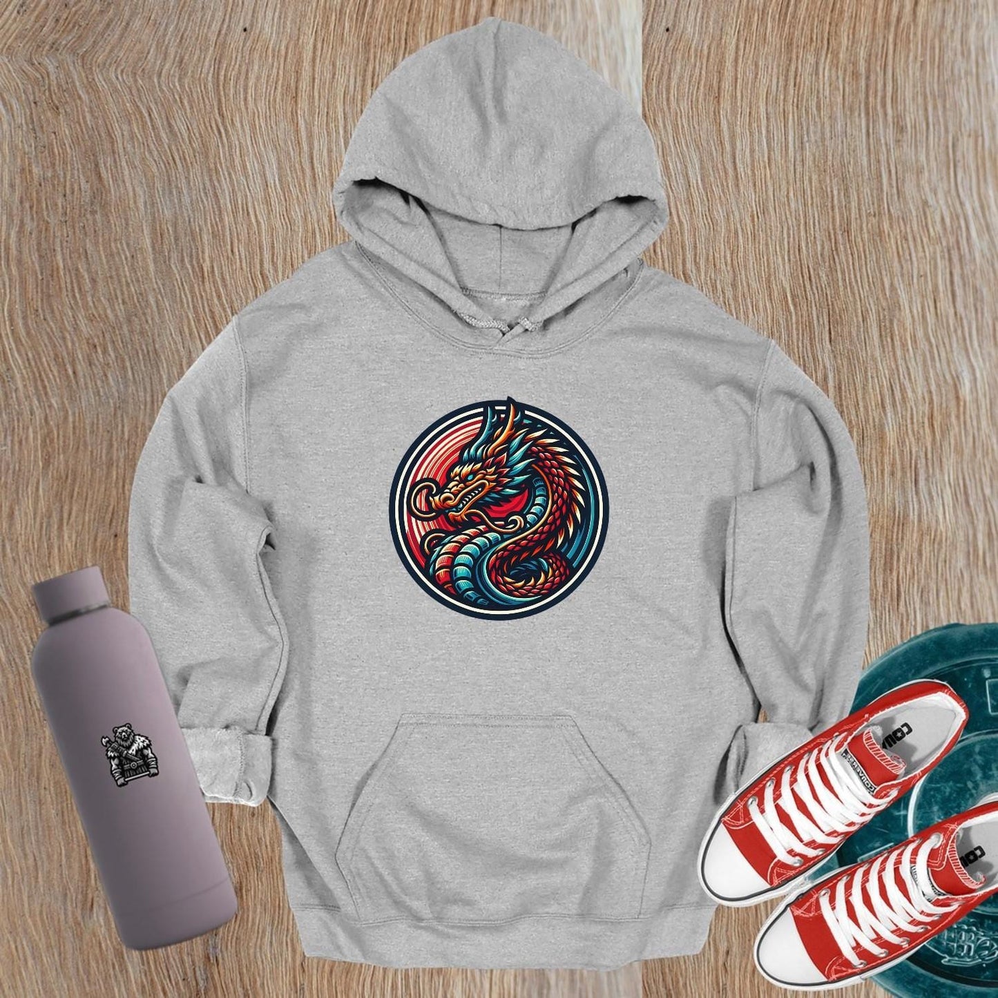 Alt text: "Vibrant Dragon Emblem Hoodie featuring a fierce dragon graphic, perfect for gym workouts or casual outings, showcasing strength and style."