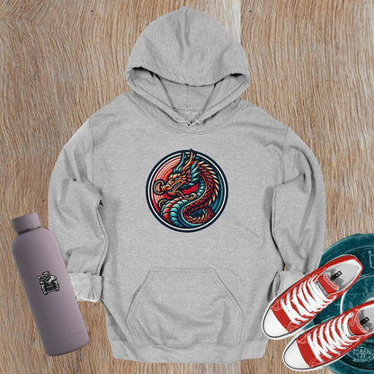 Alt text: "Vibrant Dragon Emblem Hoodie featuring a fierce dragon graphic, perfect for gym workouts or casual outings, showcasing strength and style."
