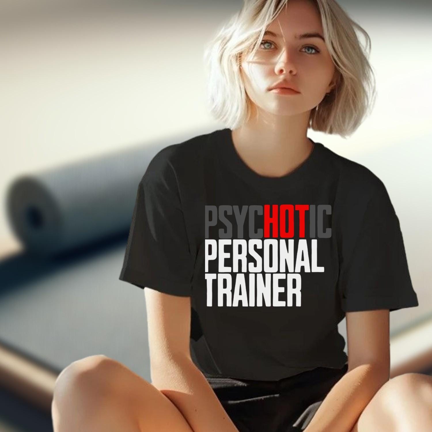 "Bold 'Psychotic Personal Trainer' gym T-shirt featuring edgy graphics, ideal for fitness enthusiasts who push limits and train hard."