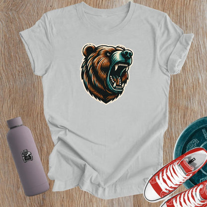 "Bold bear graphic T-shirt for women, symbolizing strength and determination, perfect for lifting and gym workouts. Inspiring fitness wear."