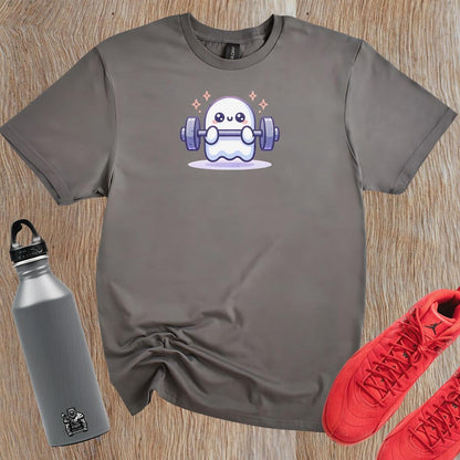 "Playful ghost lifting weights design on gym T-shirt, blending fitness motivation with whimsical charm for workout and casual wear."