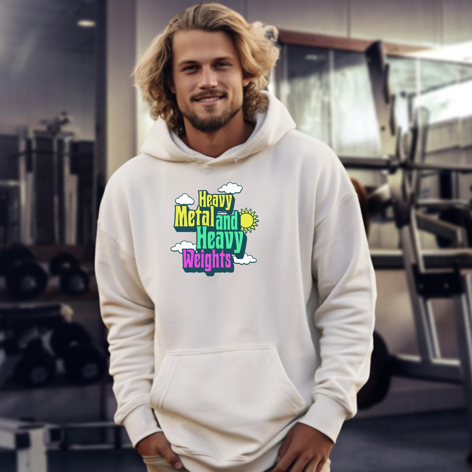 "Vibrant gym hoodie featuring bold 'Heavy Metal and Heavy Weights' graphics, perfect for fitness enthusiasts who lift heavy."