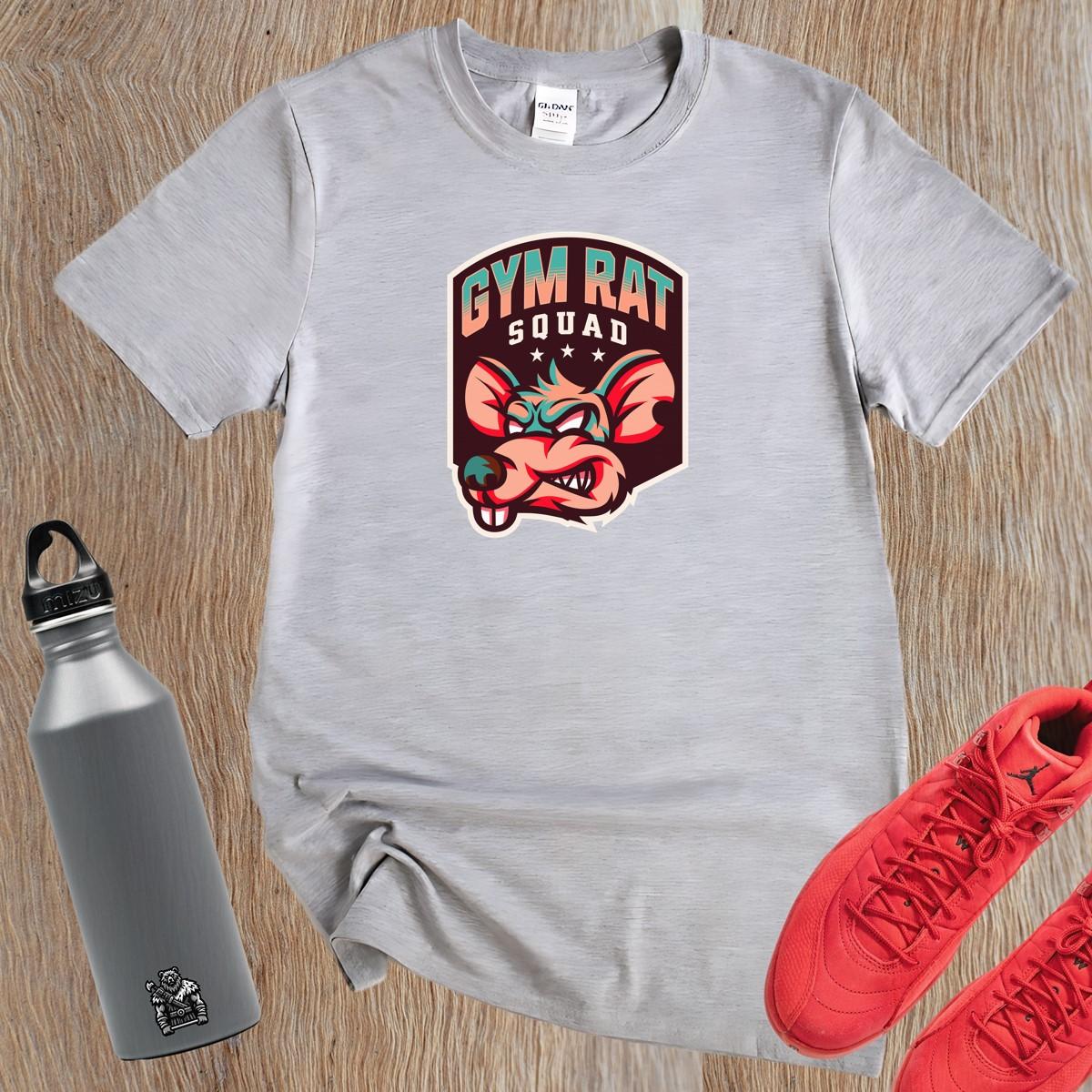 Alt text: "Bold Gym Rat Squad T-shirt featuring a fierce graphic design showcasing strength and determination, perfect for fitness enthusiasts."