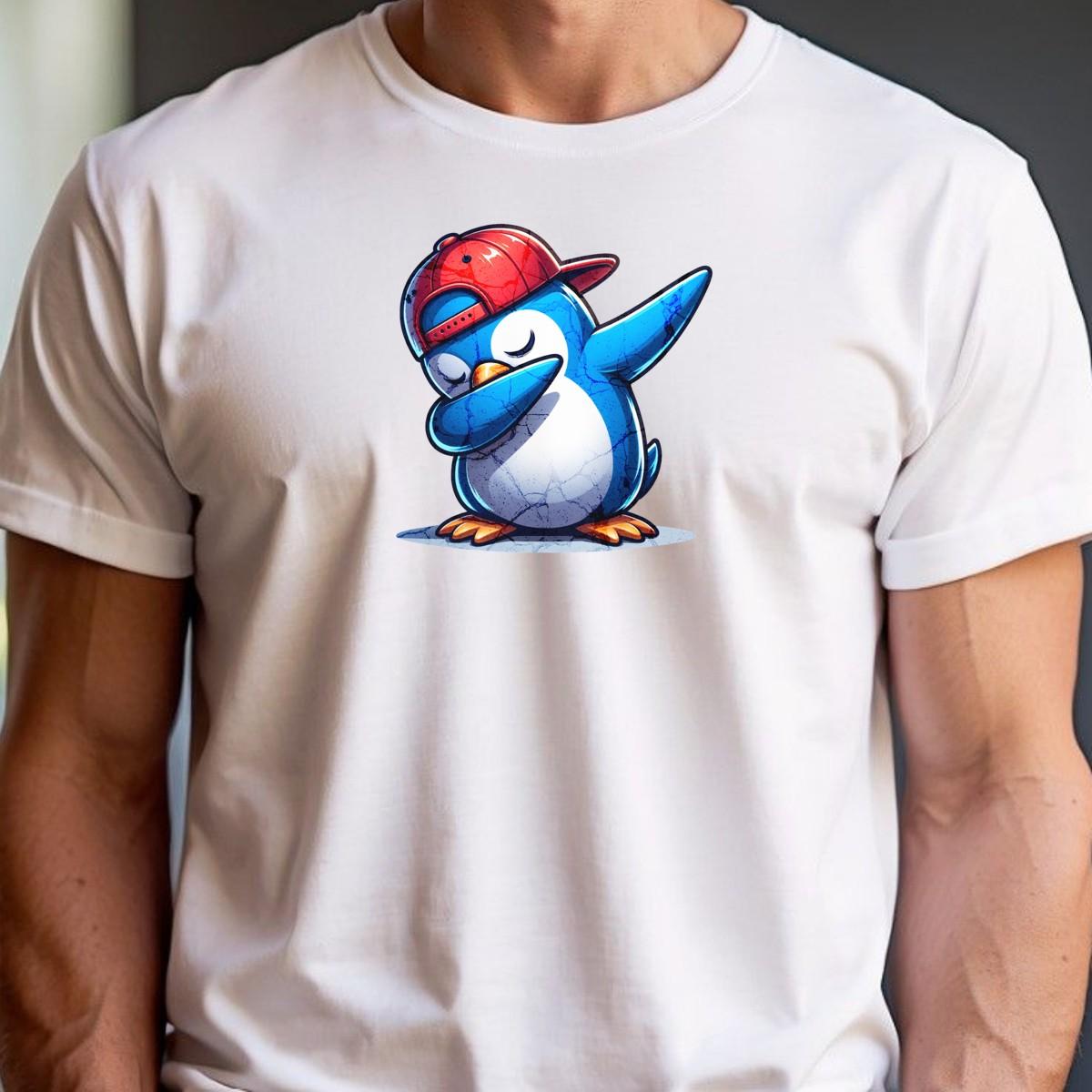 "Vibrant penguin-themed gym tee featuring a cartoon penguin in a snapback, perfect for fun workouts and casual outings."