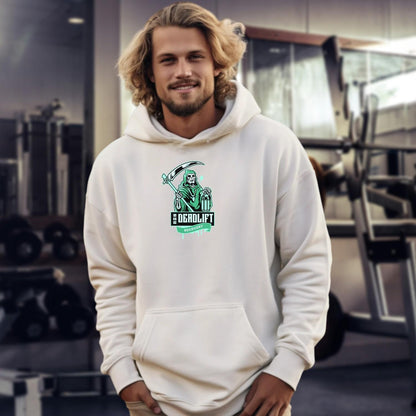 "Bold Deadlift Recovery hoodie featuring a dynamic skeleton graphic, ideal for gym enthusiasts seeking comfort and style in fitness wear."