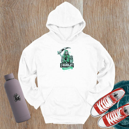 "Bold Deadlift Recovery hoodie featuring a dynamic skeleton graphic, ideal for gym enthusiasts seeking comfort and style in fitness wear."
