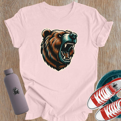 "Bold bear graphic T-shirt for women, symbolizing strength and determination, perfect for lifting and gym workouts. Inspiring fitness wear."