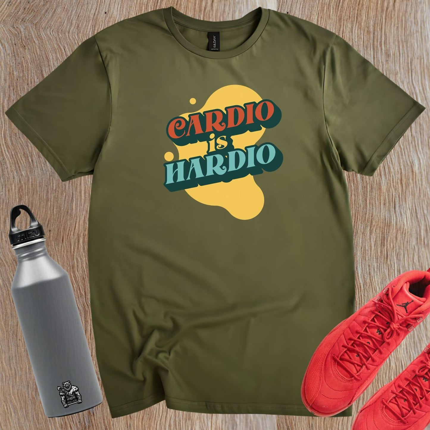 Alt text: "Energetic fitness T-shirt featuring bold 'Cardio is Hardio' slogan, perfect for gym enthusiasts, motivating workouts and casual wear."