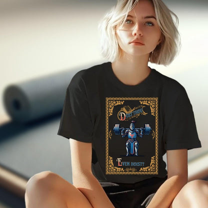 "Gym shirt featuring a bold knight lifting weights with humorous text 'Dost Thou Even Hoist?'—perfect for fitness enthusiasts."