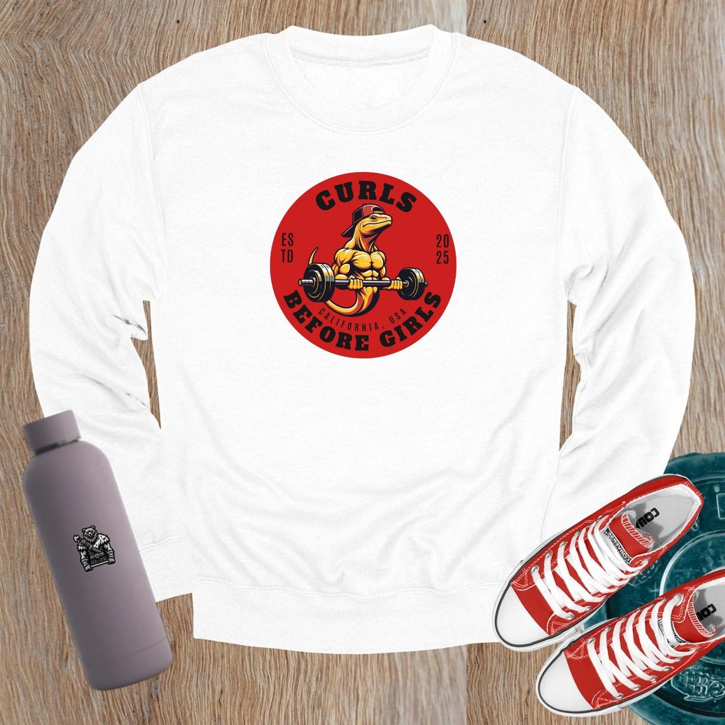 Alt text: "Bold gym crewneck sweatshirt featuring a muscular lizard lifting weights with 'Curls Before Girls' slogan. Perfect for fitness enthusiasts."