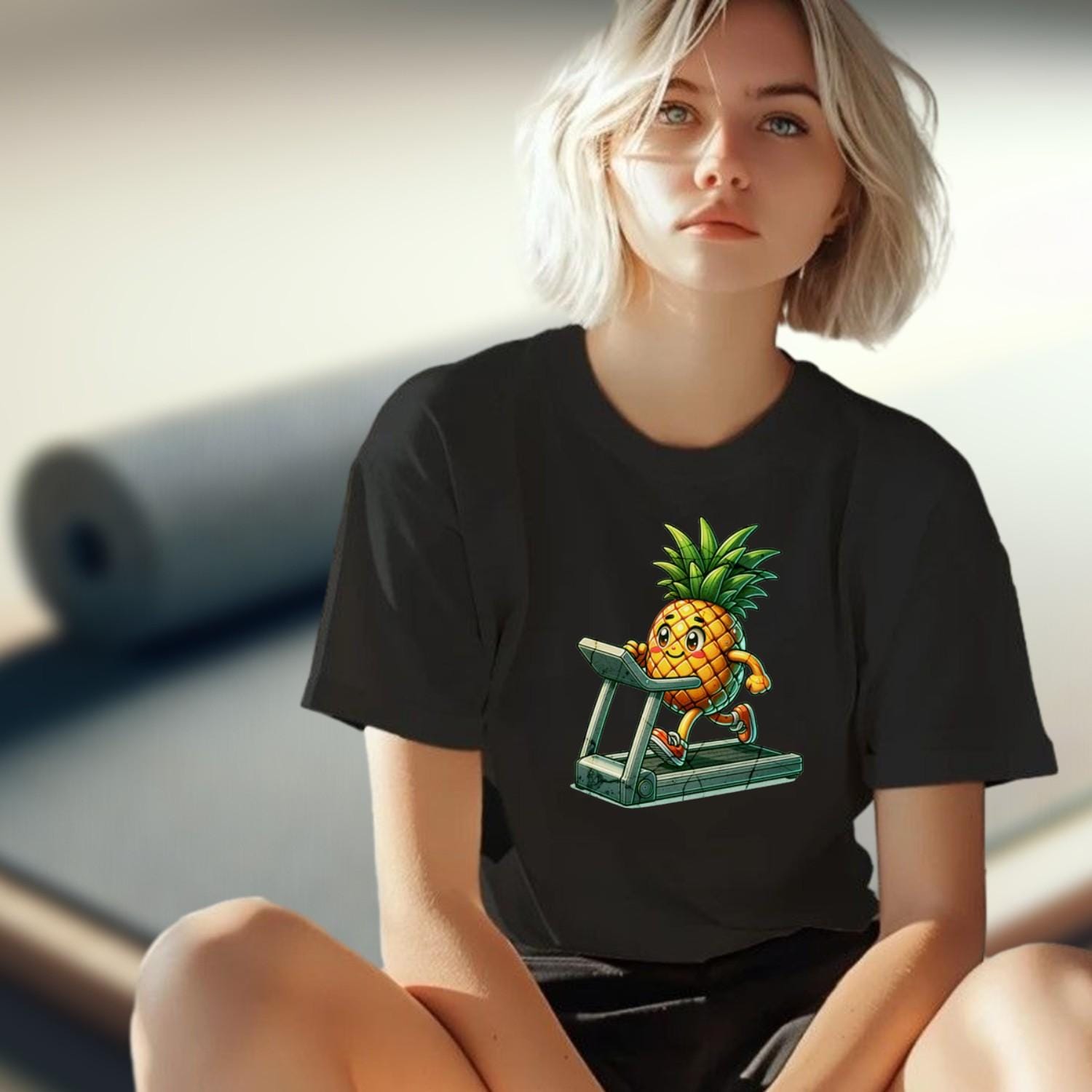 "Playful pineapple sprinting on a treadmill graphic T-shirt for gym enthusiasts; vibrant design enhances workout motivation and style."