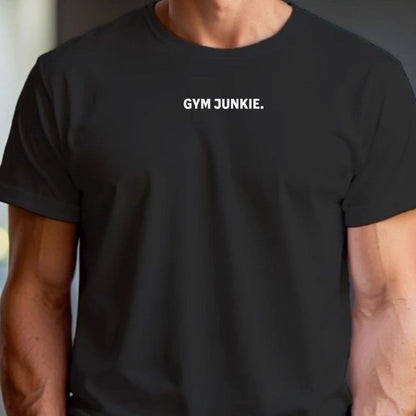 "Bold 'Gym Junkie' T-shirt featuring stylish typography, perfect for fitness enthusiasts. Ideal for workouts or casual outings."