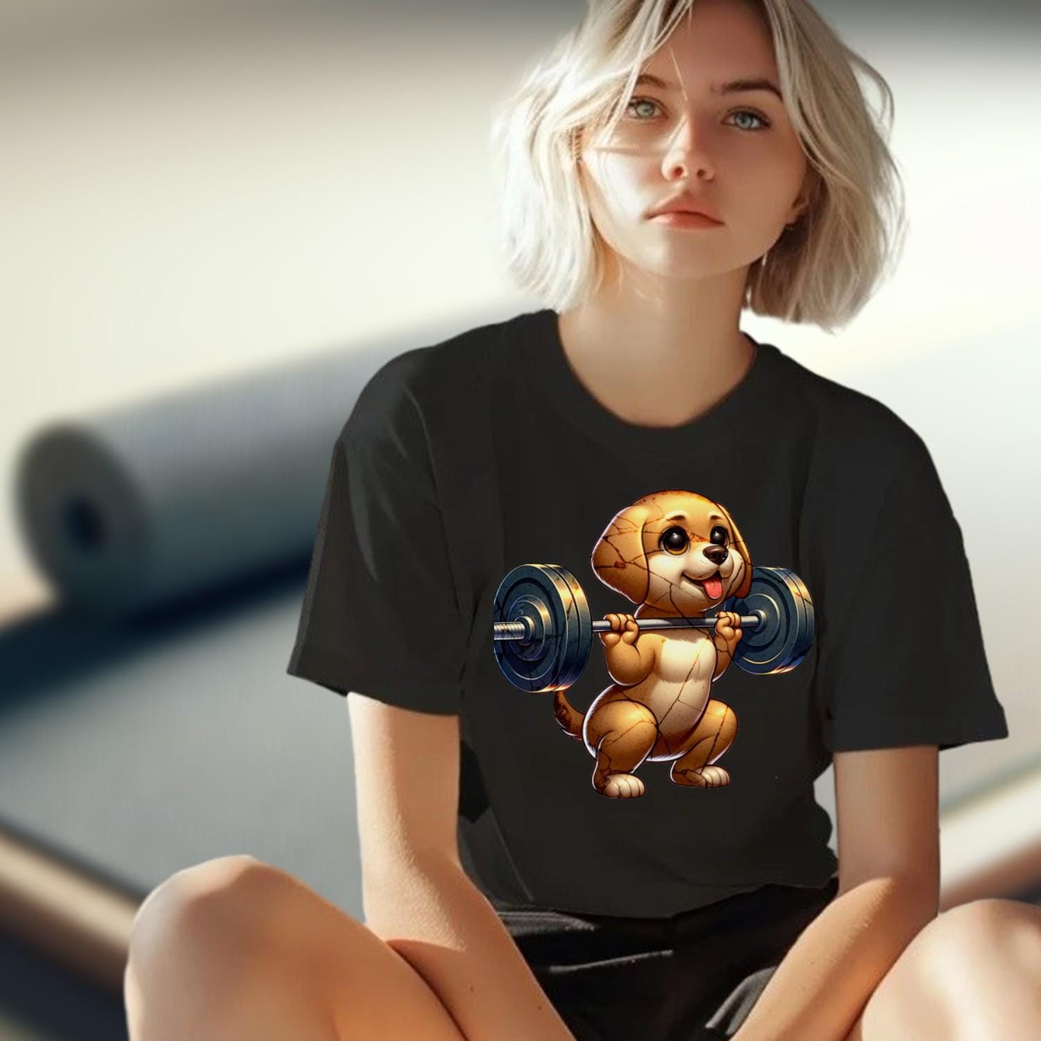 Vibrant gym T-shirt featuring an adorable lifting pup, combining motivation and fun. Perfect for workouts and casual outings.