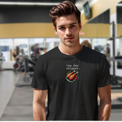 "Playful ‘Leg Day Skipper’ T-shirt featuring a humorous design, perfect for gym lovers who value style, comfort, and a fun workout attitude."