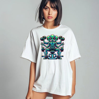 "Colorful graphic of powerful aliens lifting weights on a gym t-shirt, inspiring fitness goals and showcasing unique workout style."