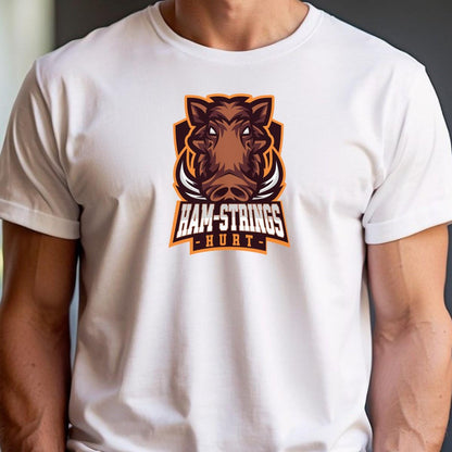 Alt text: "Bold 'Ham-Strings Hurt' gym T-shirt featuring motivating text design for fitness enthusiasts, perfect for intense workout sessions."