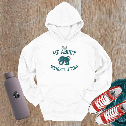 Alt text: "Bold black hoodie with 'Ask Me About Weightlifting' text and vibrant panther graphic, perfect for fitness enthusiasts at the gym."