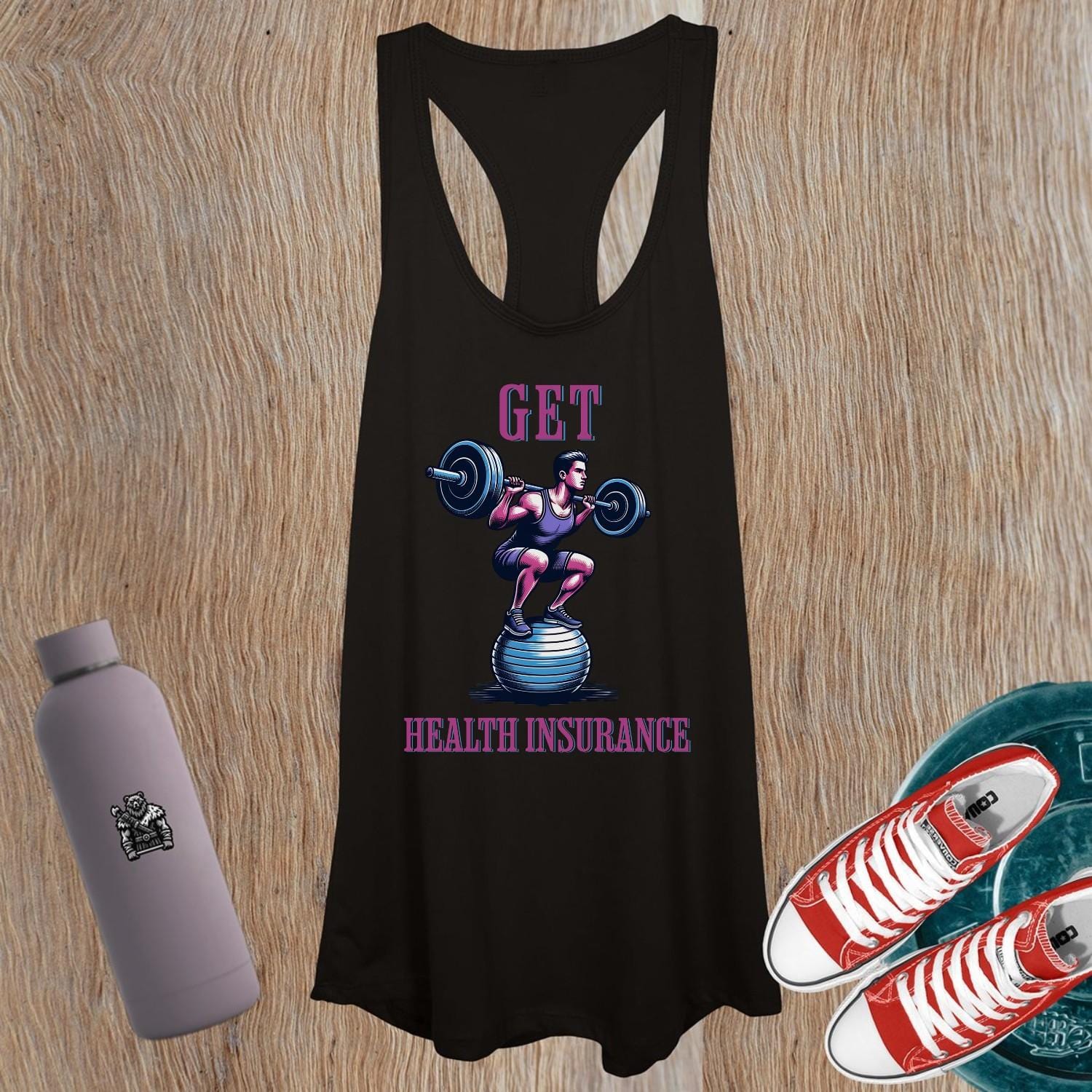 "Stylish women's tank top with 'Get Health Insurance' slogan, featuring an athlete graphic, ideal for workouts, fitness, and motivation."