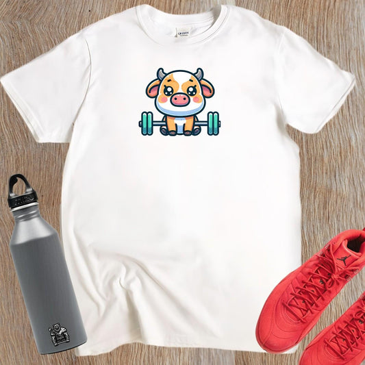 "Adorable Cow Gym T-Shirt featuring a cute cow lifting weights, perfect for fitness enthusiasts who enjoy humor and unique style."