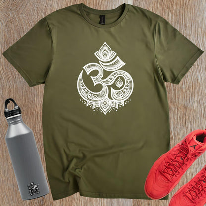 "Bold graphic gym T-shirt featuring an intricately designed Om symbol, promoting peace, mindfulness, and inner strength for fitness enthusiasts."