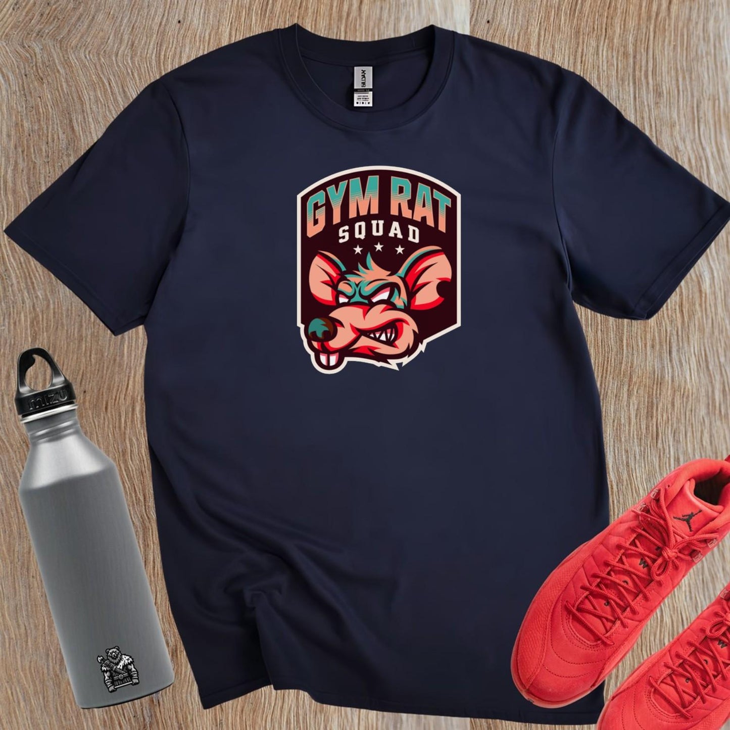 "Bold Gym Rat Squad T-shirt design featuring fierce graphics for fitness enthusiasts, perfect for weightlifting and cardio workouts."