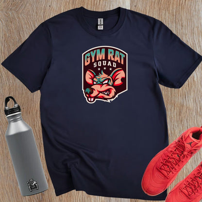 "Bold Gym Rat Squad T-shirt design featuring fierce graphics for fitness enthusiasts, perfect for weightlifting and cardio workouts."