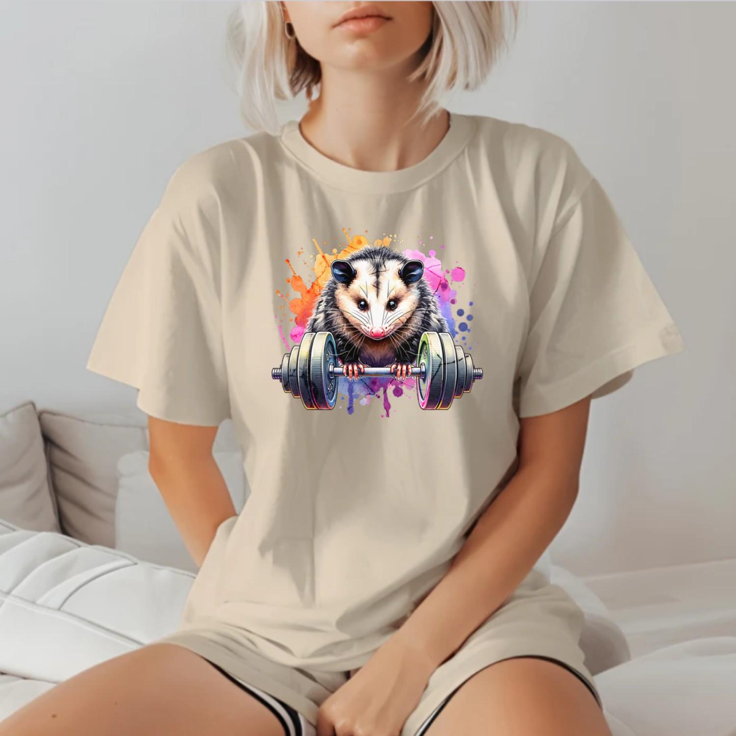 "Vibrant gym T-shirt featuring a fierce possum lifting weights, embodying strength and determination for fitness enthusiasts."