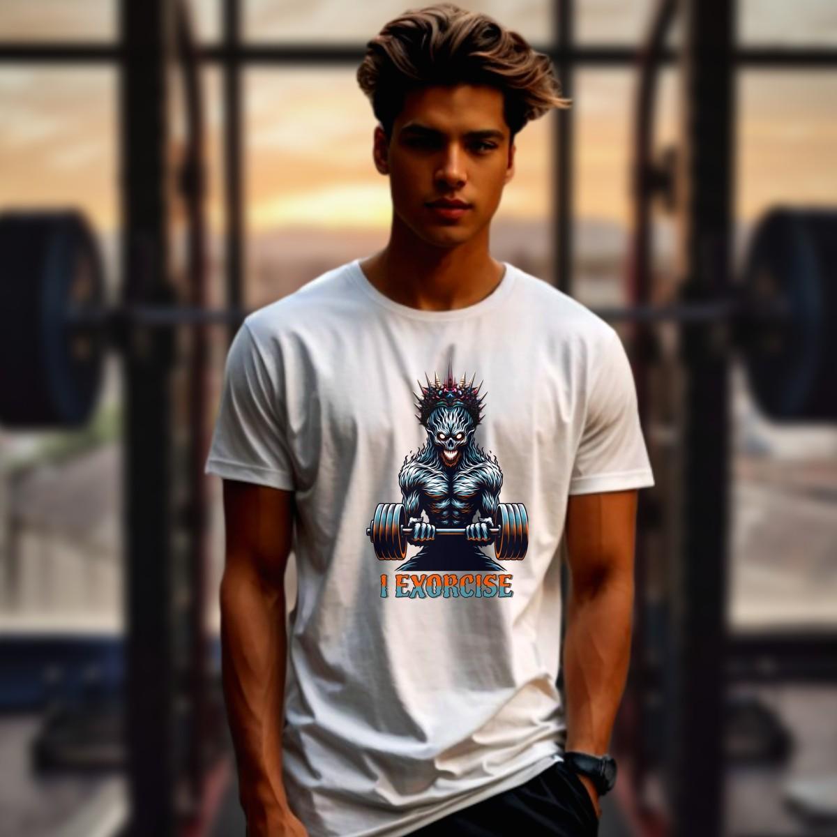 Alt text: "Fierce 'I Exorcise' gym T-shirt featuring bold graphic design, motivational text, perfect for weightlifting, cardio, and fitness enthusiasts."