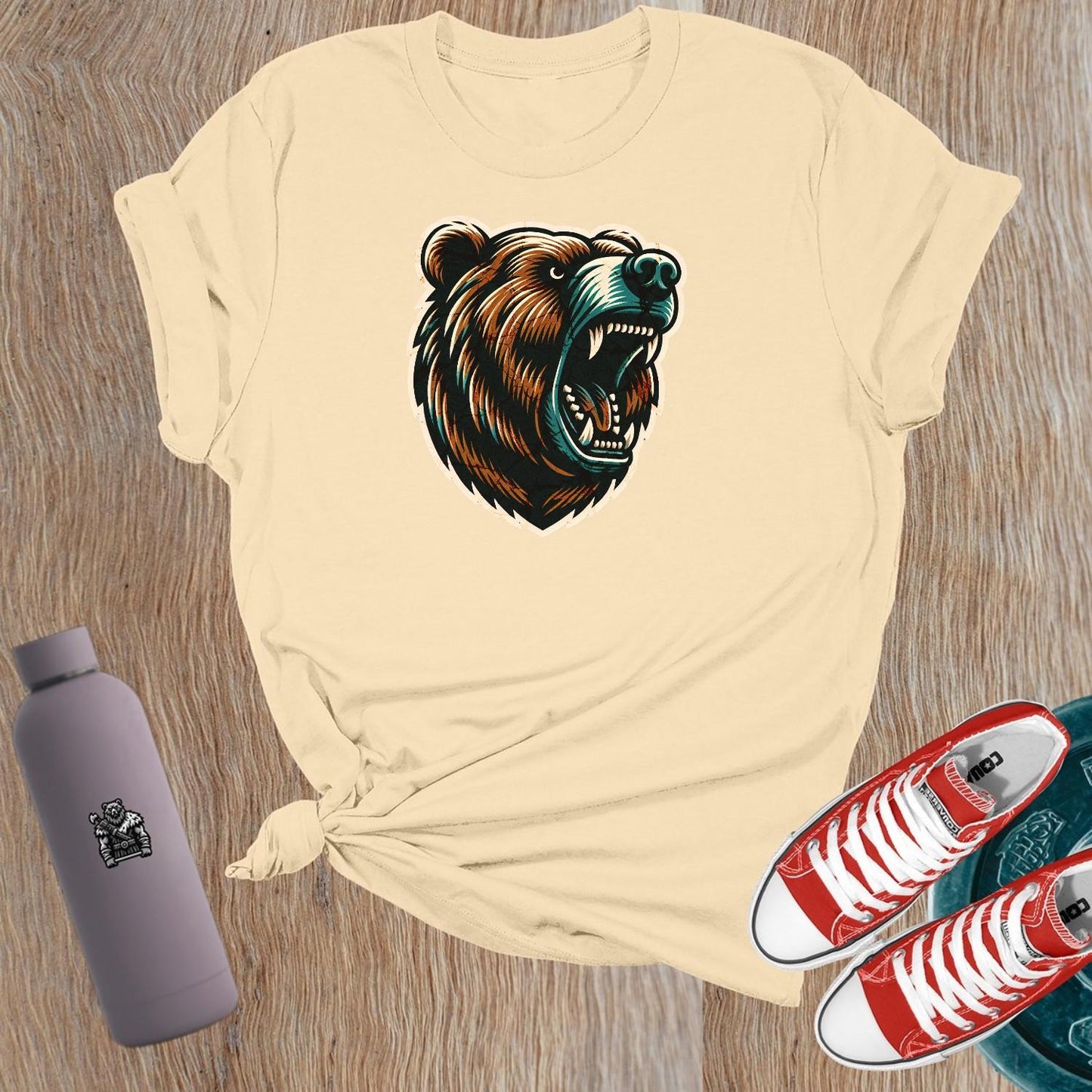 "Bold bear graphic T-shirt for women, symbolizing strength and determination, perfect for lifting and gym workouts. Inspiring fitness wear."