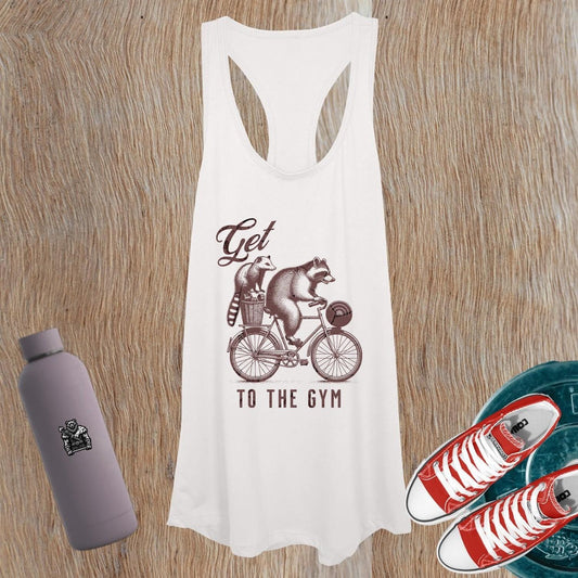 "Women's gym tank top featuring a playful raccoon and fox biking design, perfect for fitness enthusiasts and casual outings."