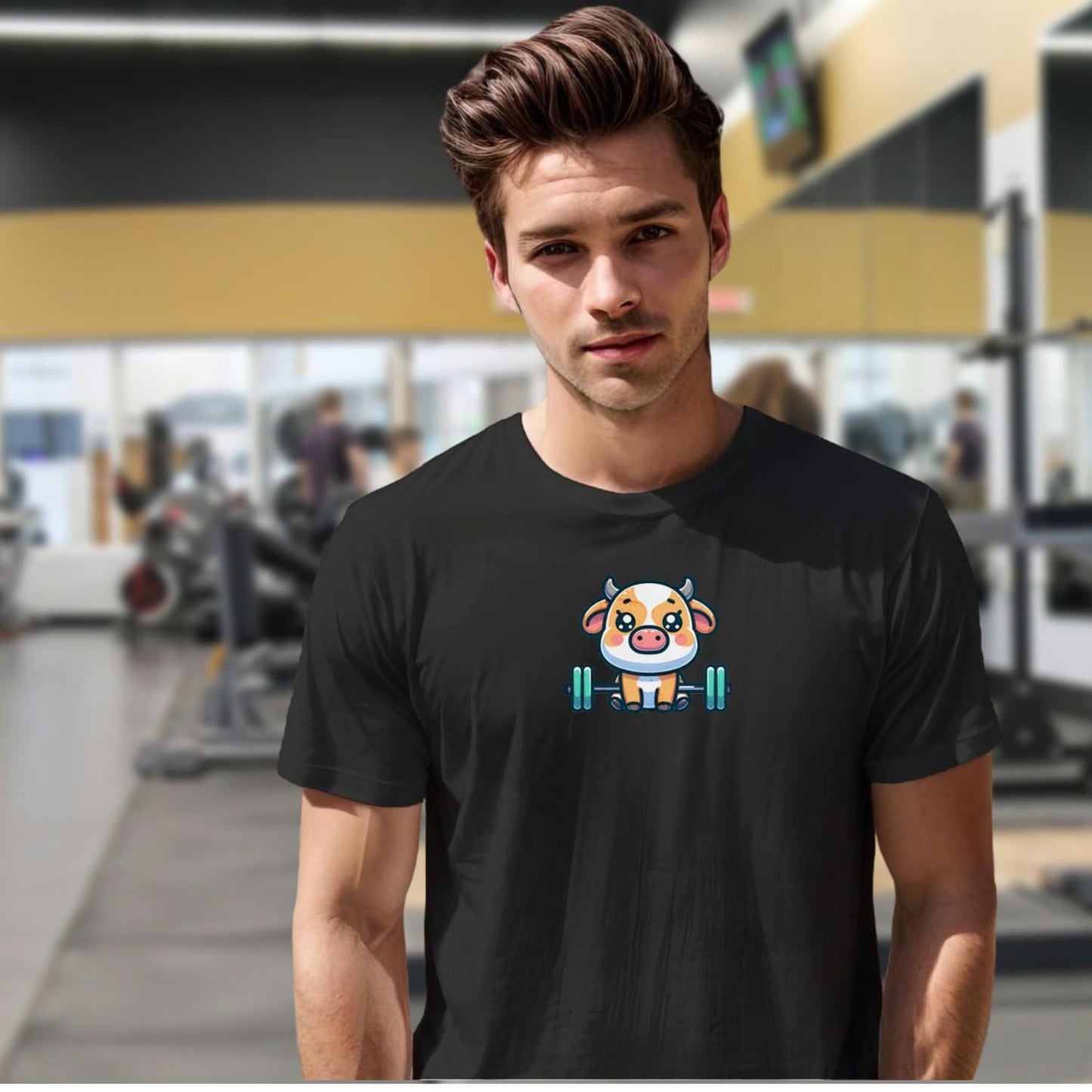 "Adorable gym T-shirt design featuring a playful weightlifting cow, perfect for workouts and leisure. Unique fitness apparel for fun."