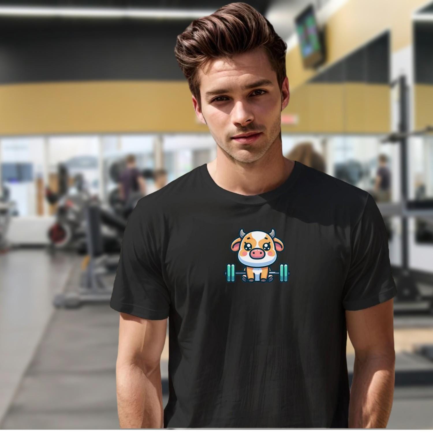 "Adorable gym T-shirt design featuring a playful weightlifting cow, perfect for workouts and leisure. Unique fitness apparel for fun."