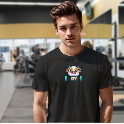 "Adorable gym T-shirt design featuring a playful weightlifting cow, perfect for workouts and leisure. Unique fitness apparel for fun."