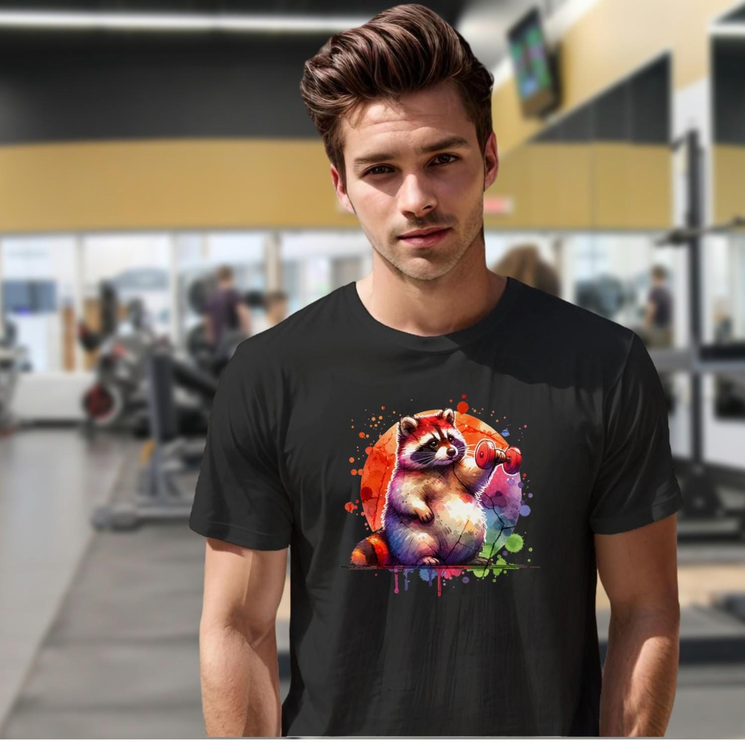"Whimsical raccoon lifting weights on a vibrant gym T-shirt, perfect for fitness lovers and animal enthusiasts. Stylish workout attire."