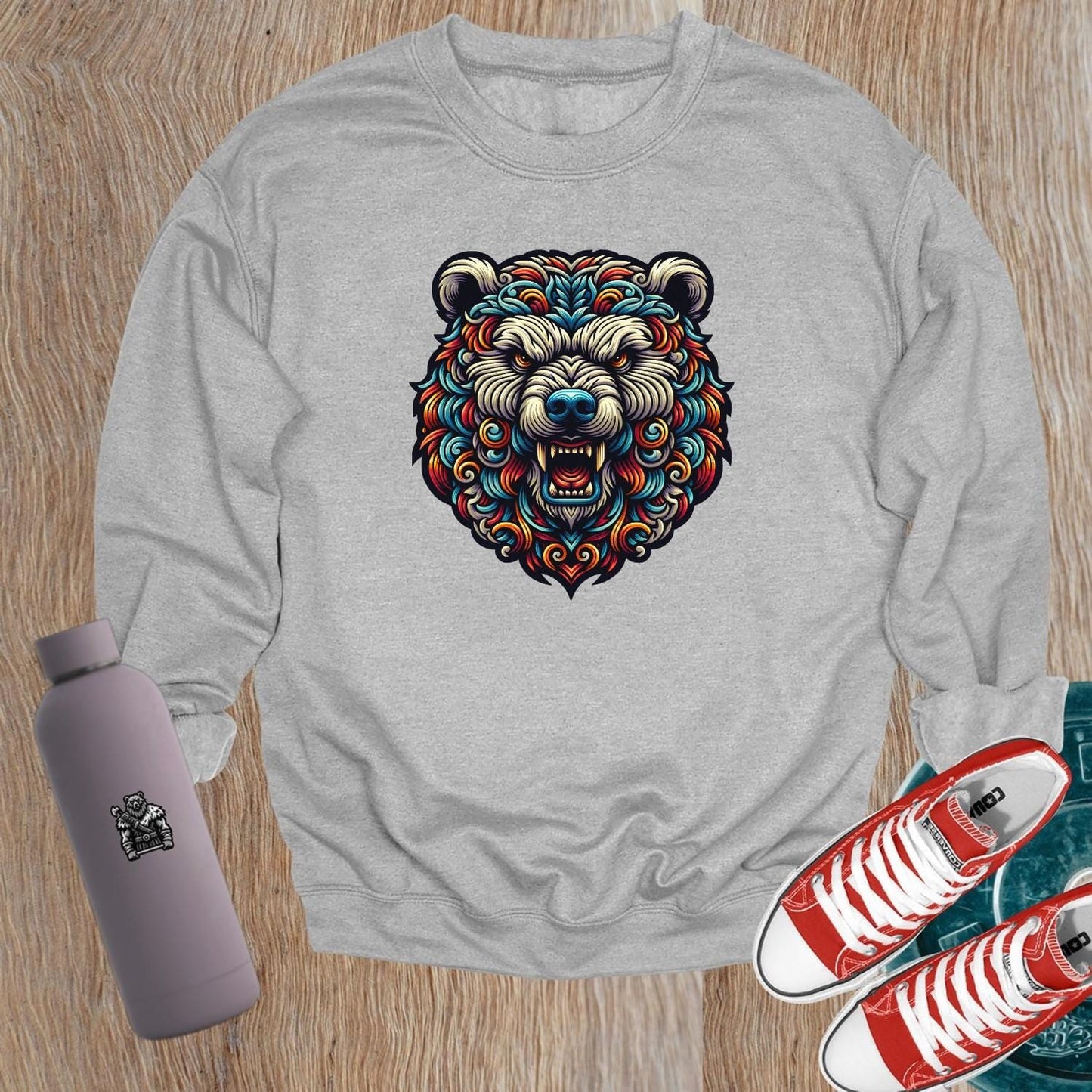 "Bold gym crewneck sweatshirt featuring a vibrant bear graphic symbolizing strength and ferocity, perfect for workouts and fitness enthusiasts."