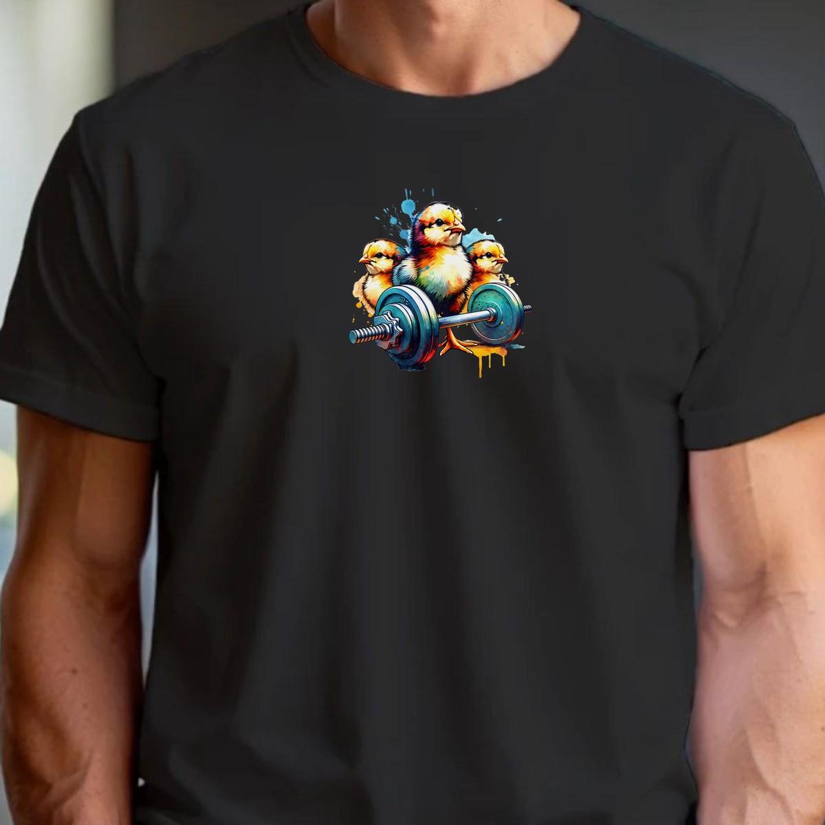"Vibrant gym T-shirt featuring playful chicks lifting weights, showcasing a fun design for fitness enthusiasts. Perfect for workouts!"