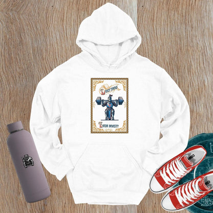 "Black hoodie featuring a bold knight graphic with the phrase 'Dost Thou Even Hoist?', perfect for gym enthusiasts and fitness lovers."