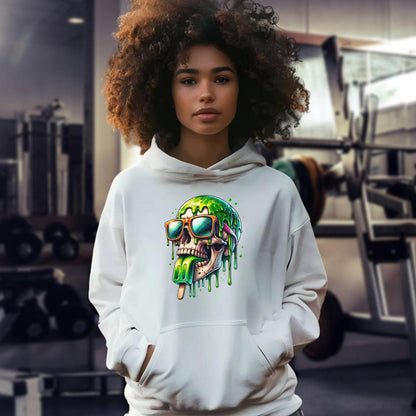 Alt text: "Bold Skull Pop Hoodie featuring a vibrant, dripping skull graphic, perfect for gym workouts and casual hangouts. Edgy design meets ultimate comfort."
